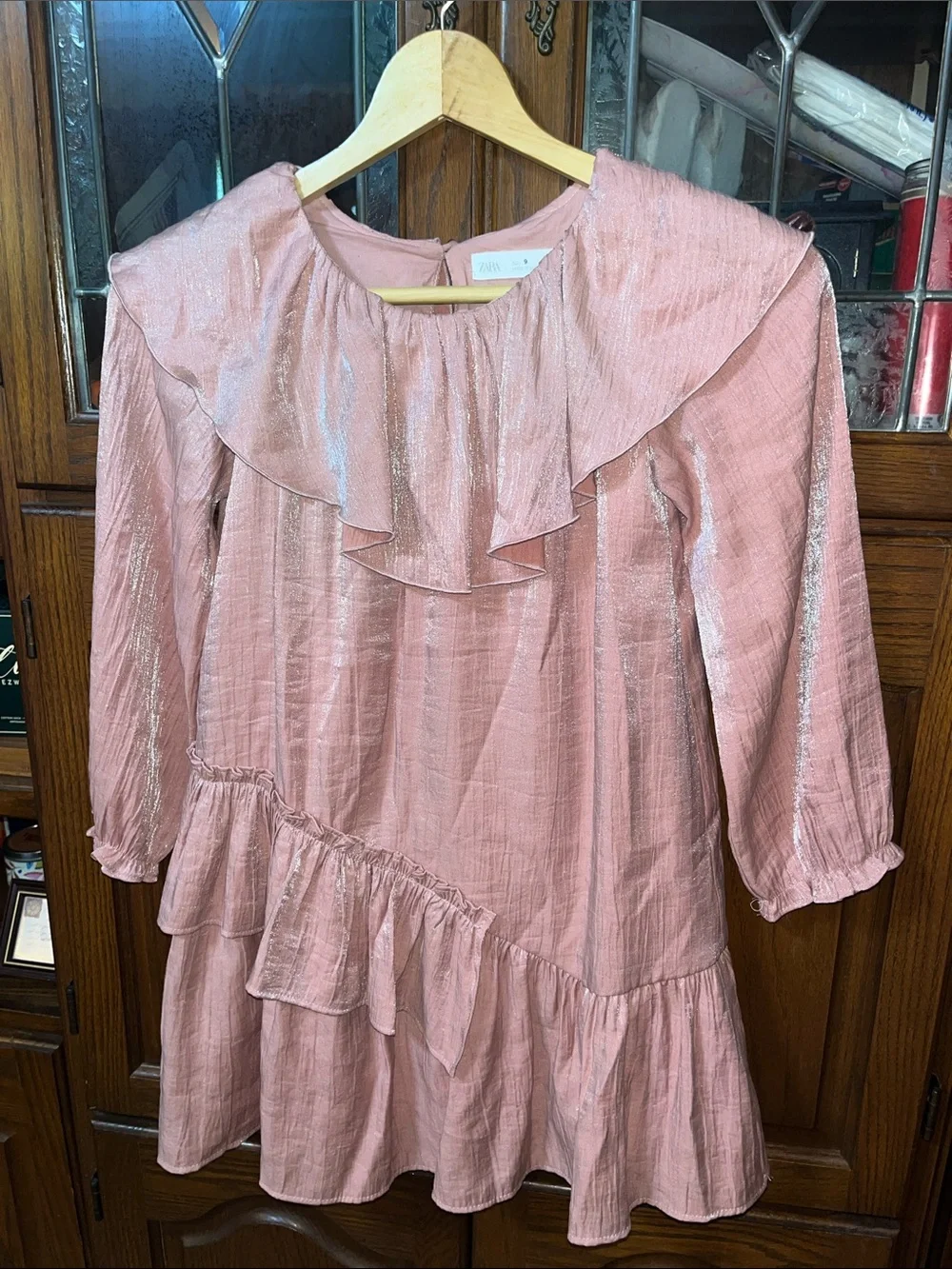 Zara Dusty Pink Shimmering Ruffle-Trim Dress Size 9